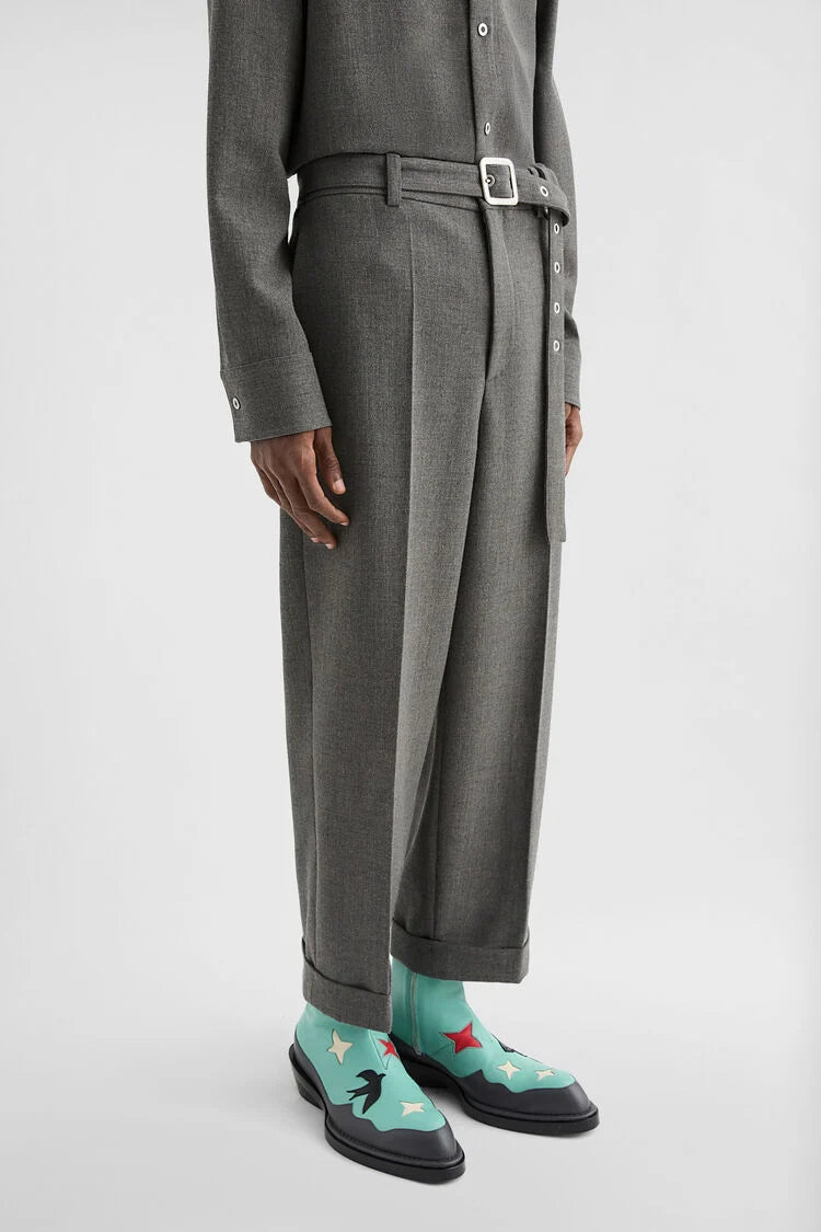 Wool Canvas Belted Trousers